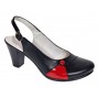 Pantofi eleganți de damă, tip slingback, cu toc gros stabil și design modern în combinație negru-roșu. Ideali pentru ținute office sau casual.